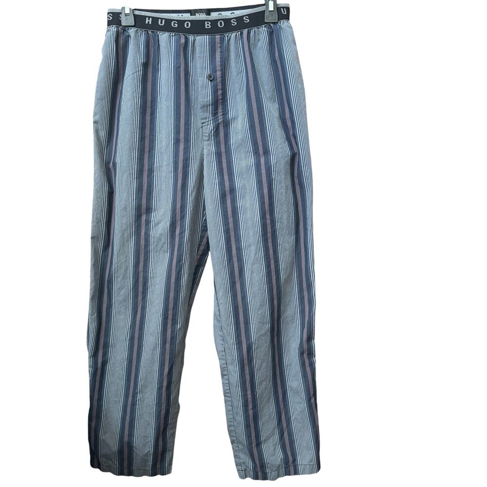 Hugo Boss Mens Stripe Pajama Pants Button Fly Logo Waistband Lightweight